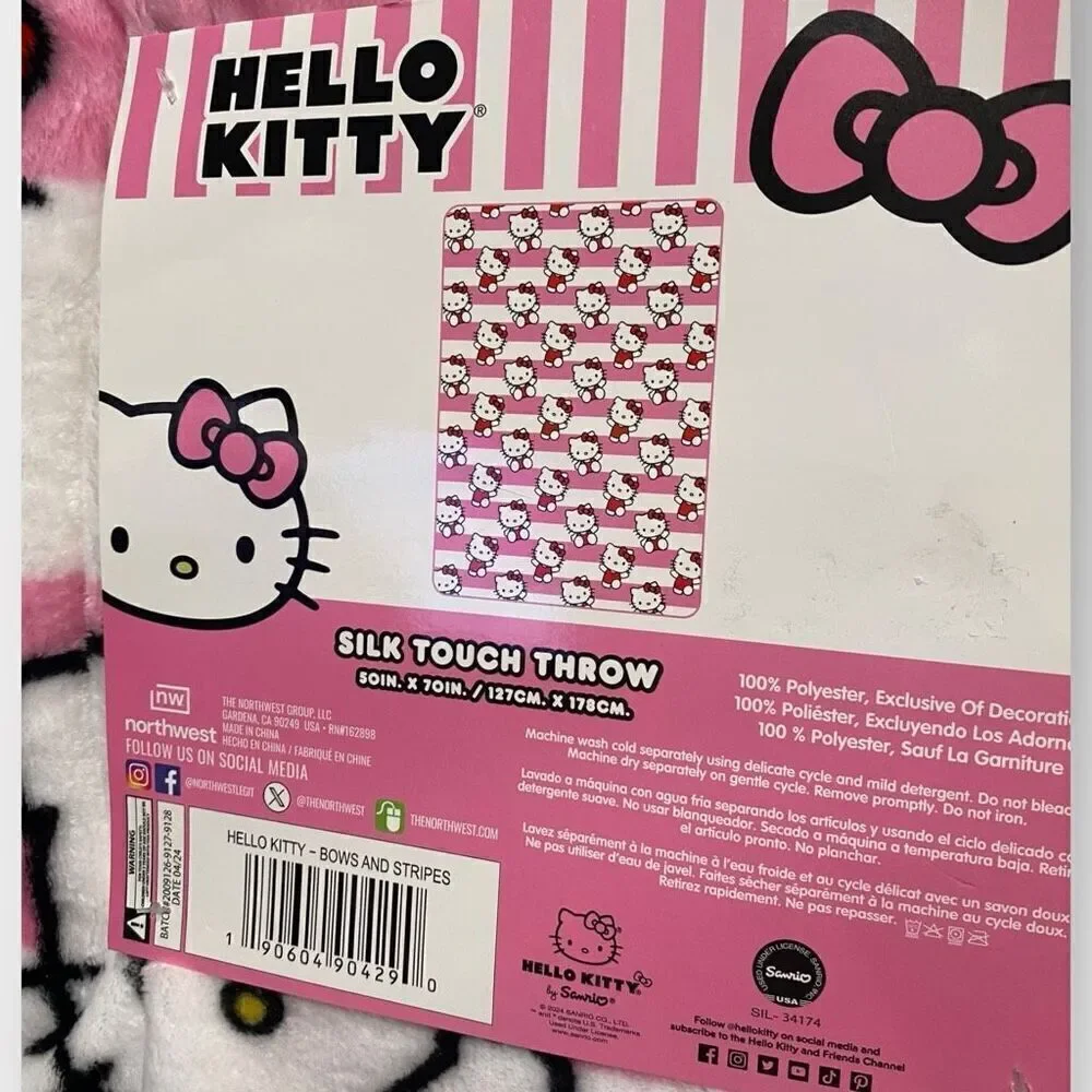 Hello Kitty Striped Pink White Silk Touch Throw Blanket Brand New with Tags